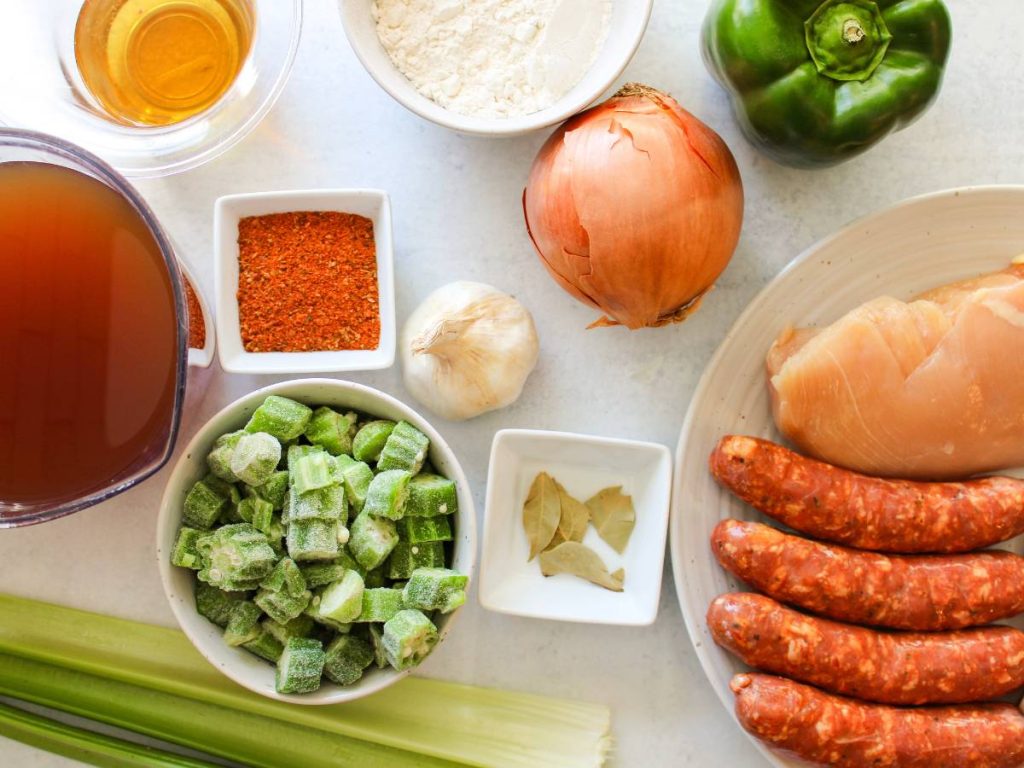 Gumbo ingredients on a white background