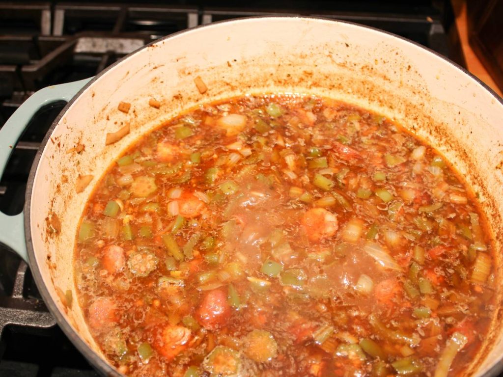 Cooked gumbo in a dutch oven