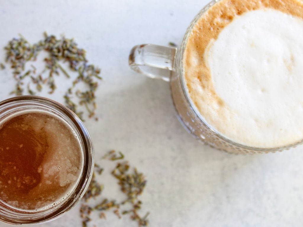 Lavender Latte next to lavender simple syrup