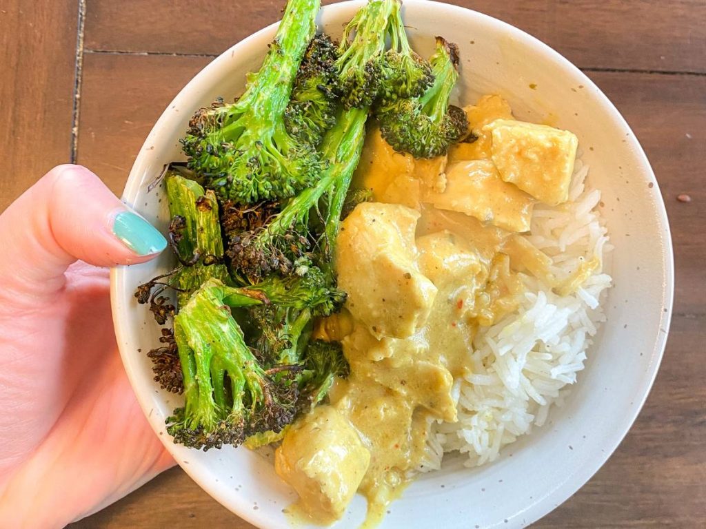 Rice with chicken sauce and broccoli