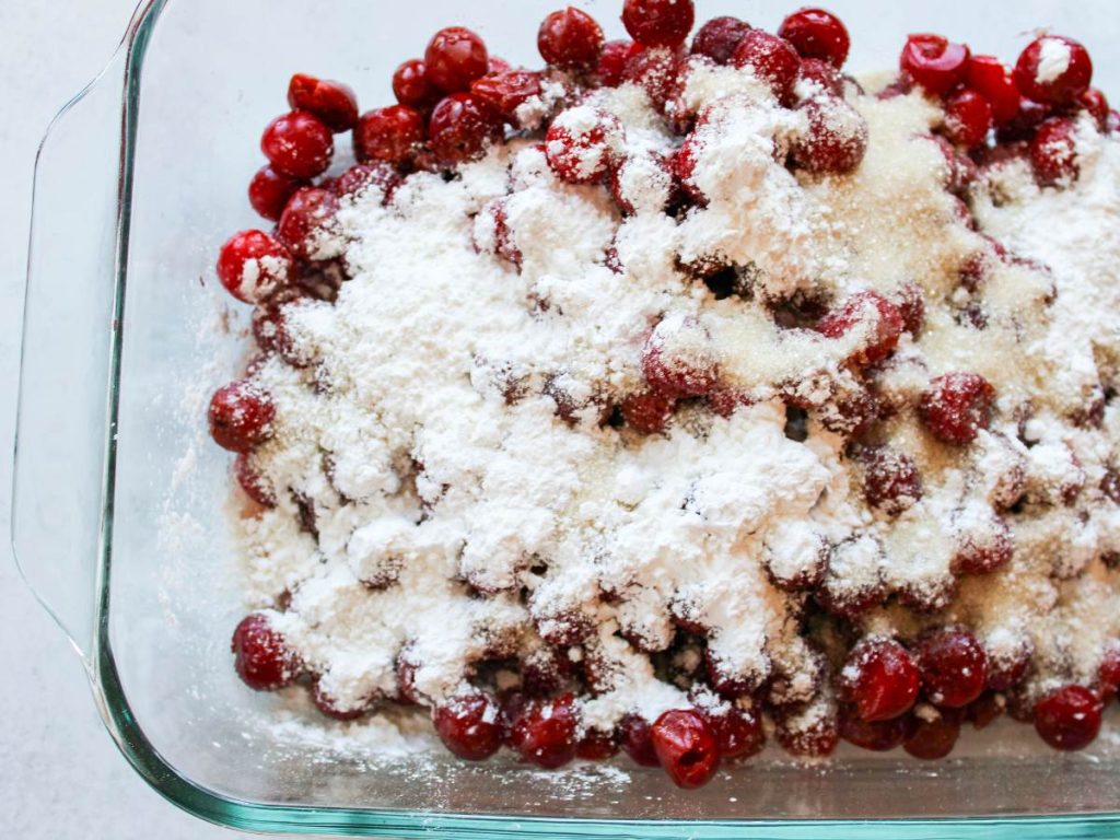 Fresh cherries with sugar and corn starch in 9x13 pan