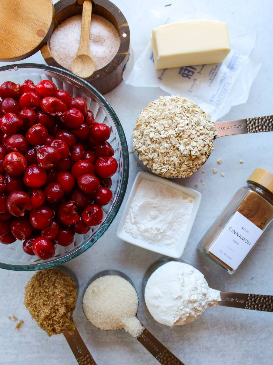 Cherry crisp ingredients on white background