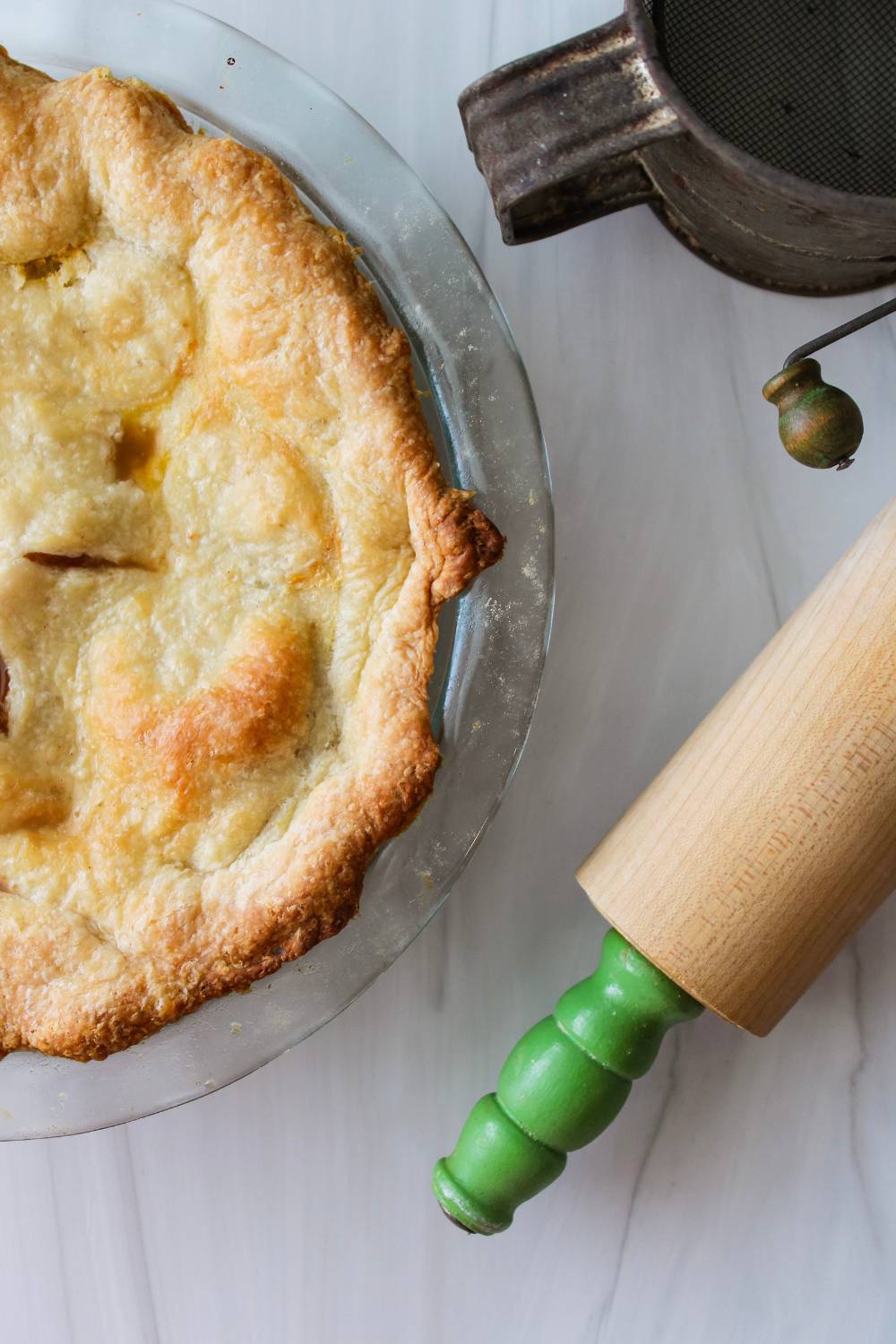 overhead view of peach pie