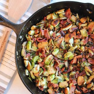 Bacon Brussels Sprouts in a cast iron skillet