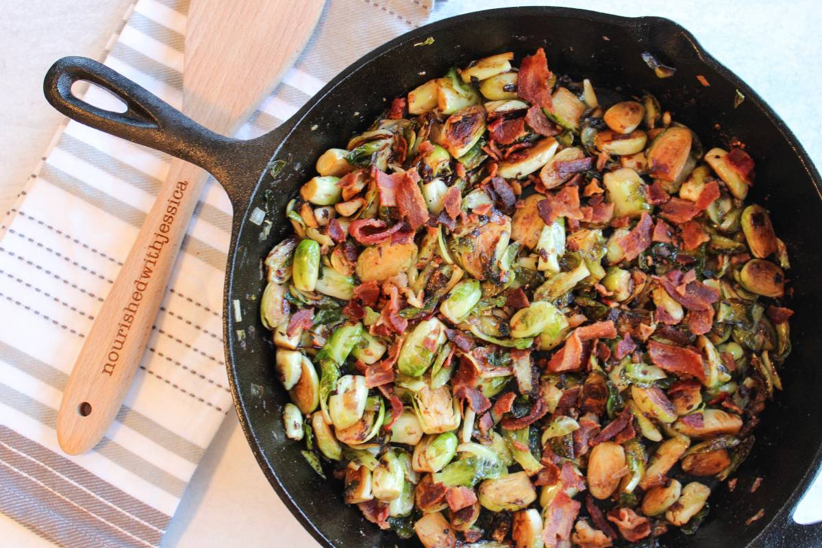 Bacon Brussels Sprouts in a cast iron skillet