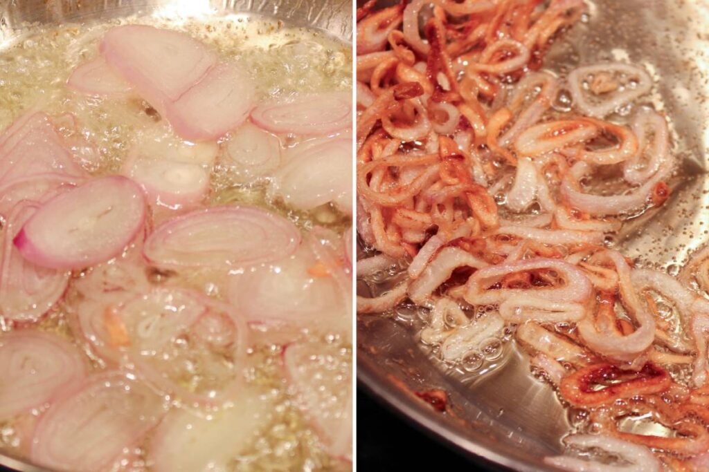 Shallots in a pan frying