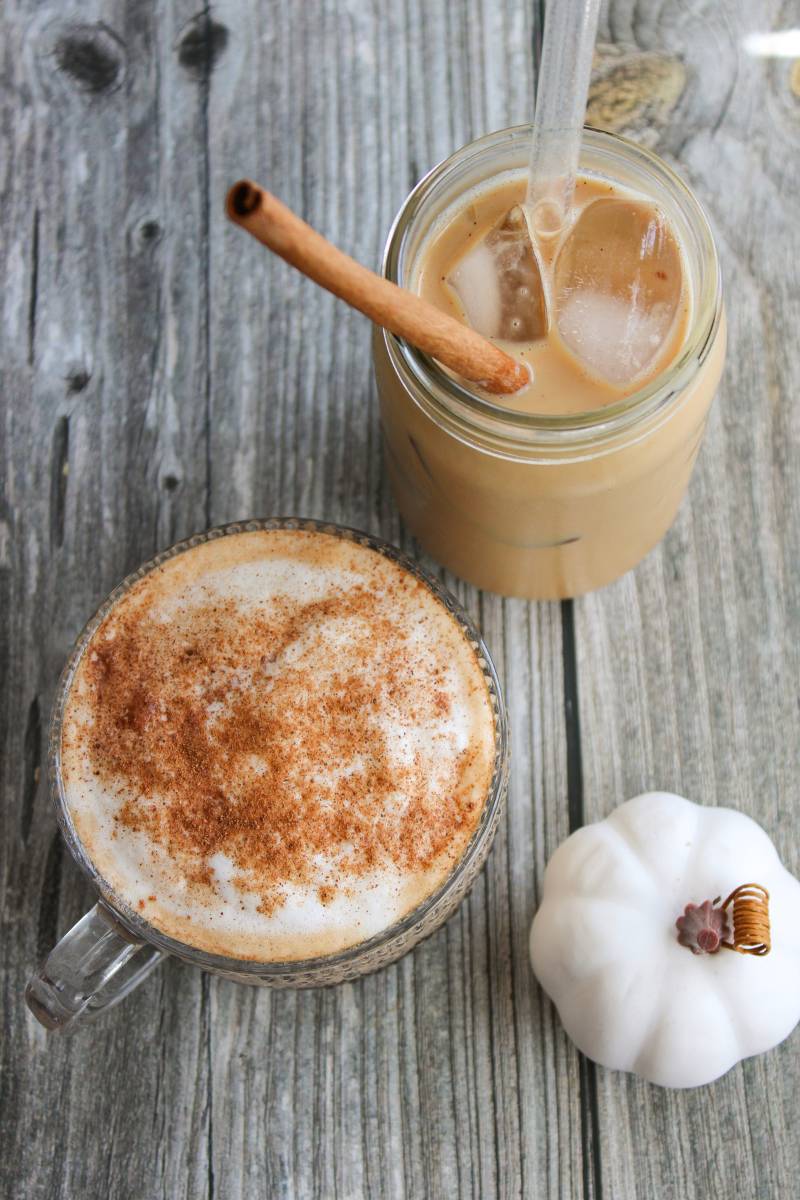 overhead view of pumpkin spice latte, one hot and one cold