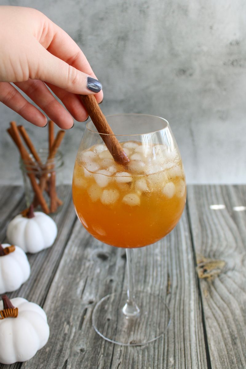 Hand holding cinnamon stick added it to a fall mocktail