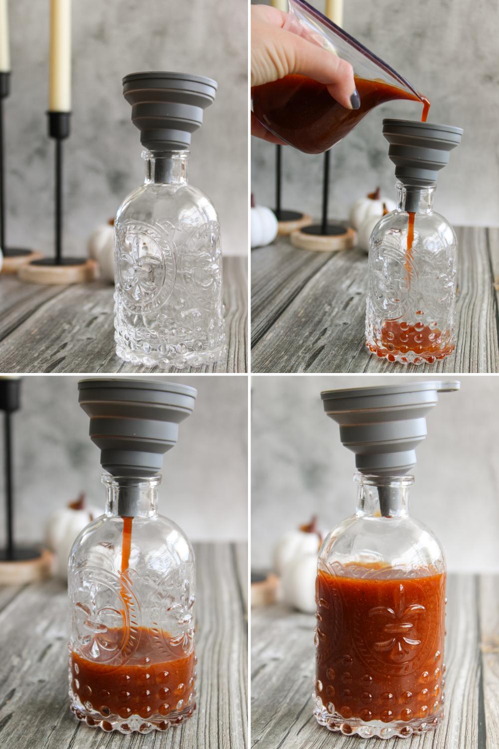 Pouring pumpkin spice syrup into the bottles