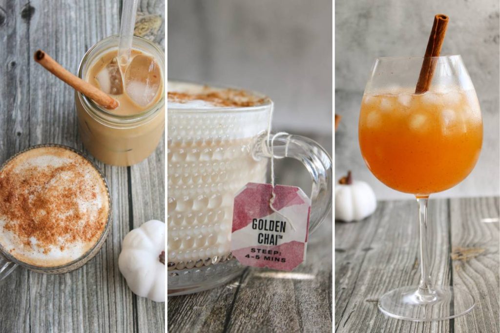 Three different drinks that have pumpkin spice syrup