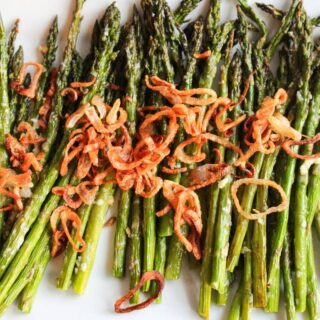 Overhead view of plate of asparagus