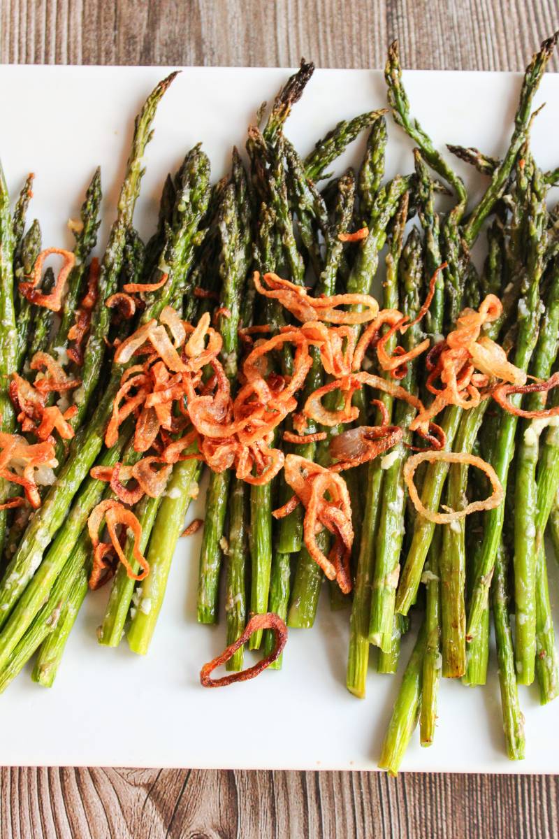 Overhead view of plate of asparagus