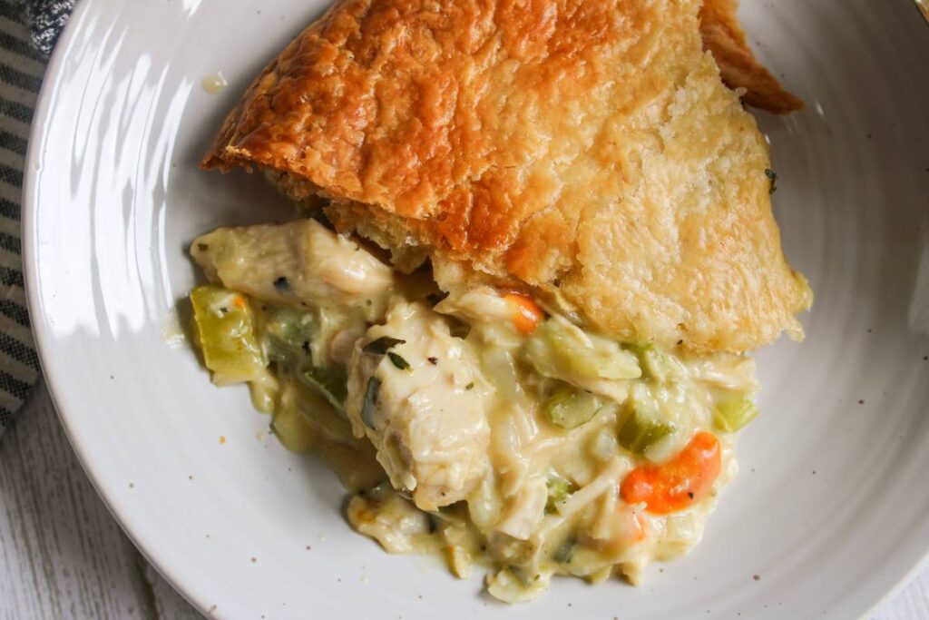 close up on slice of turkey pot pie