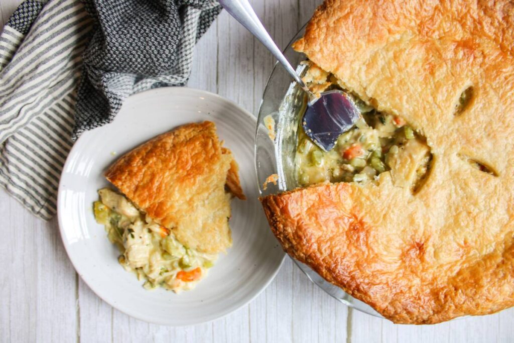 overhead view of thanksgiving leftover turkey pot pie