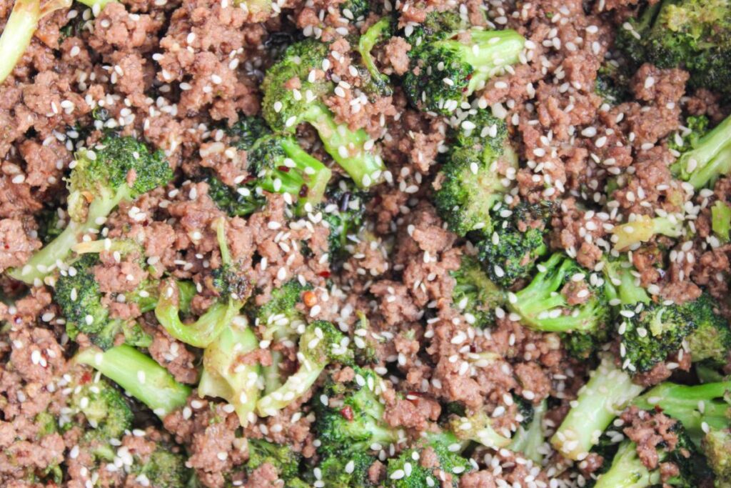 closeup of ground beef and broccoli