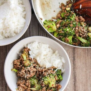 bowl of ground beef and broccoli next to rice and skillet full