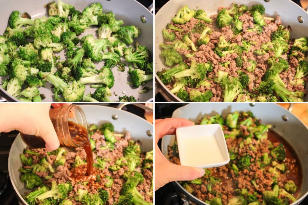 progress shots of cooking ground beef and broccoli