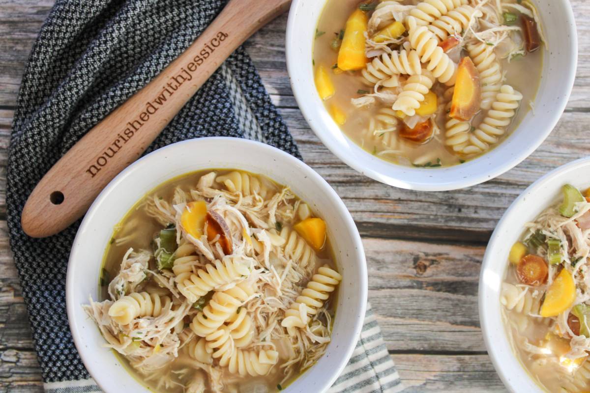 three bowls of chicken noodle soup