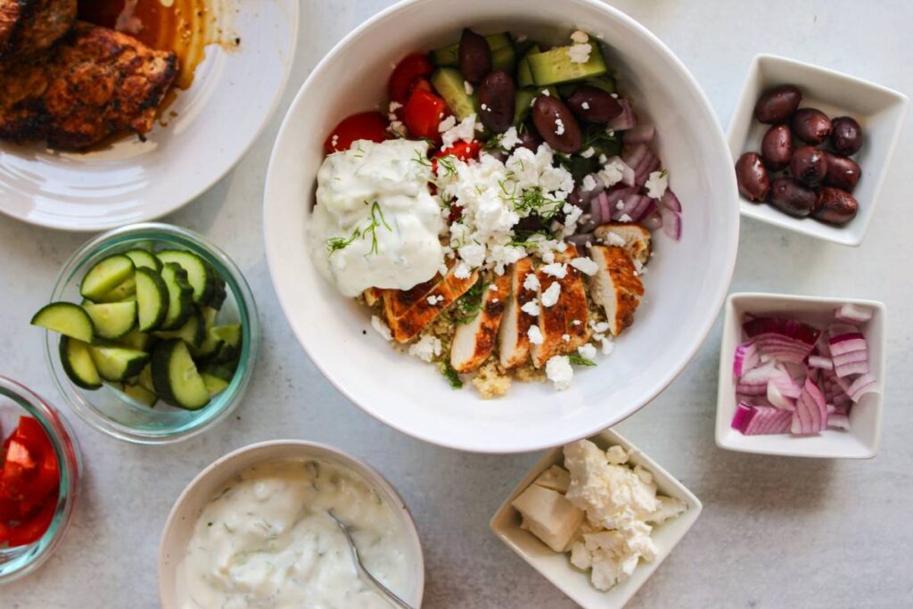 Ingredients for topping the Greek Chicken Quinoa Bowls