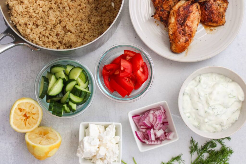 ingredients to make Greek Chicken Quinoa Bowls