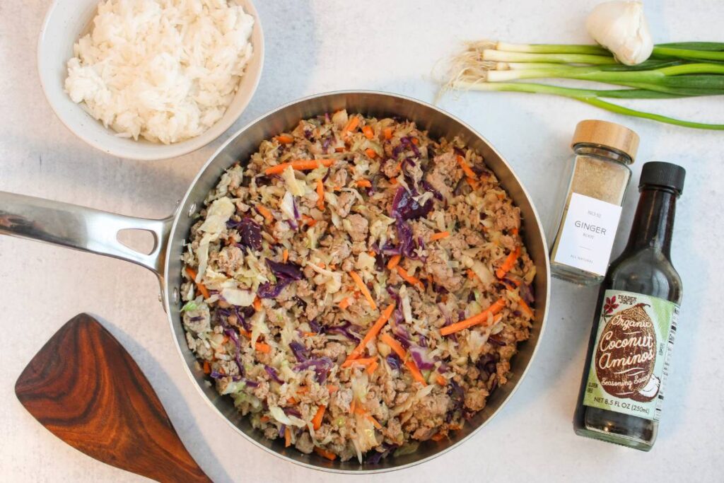 skillet with egg roll in a bowl