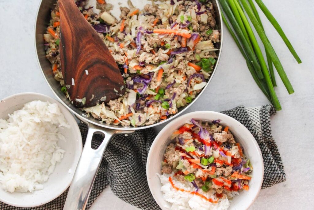 skillet filled with egg roll in a bowl