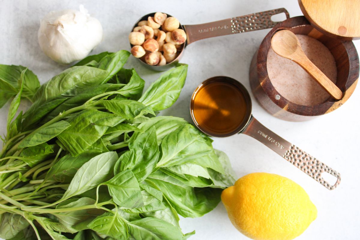 ingredients to make dairy free hazelnut pesto