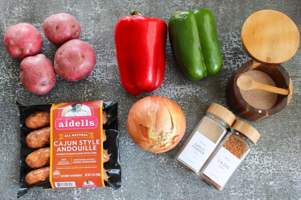 Ingredients to make cajun sheet pan dinner