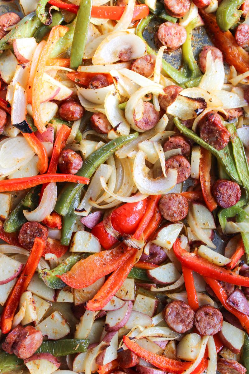 close up on cajun sheet pan dinner