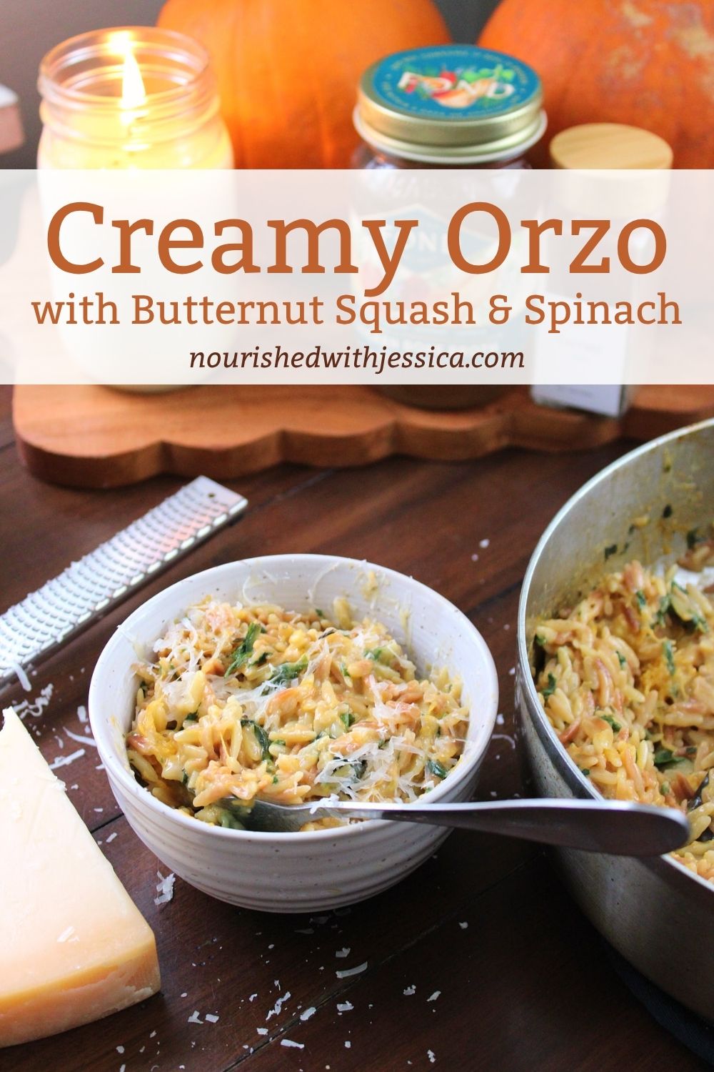 One bowl of creamy orzo with butternut squash and spinach. One pot, easy recipe ready in 20 minutes. 